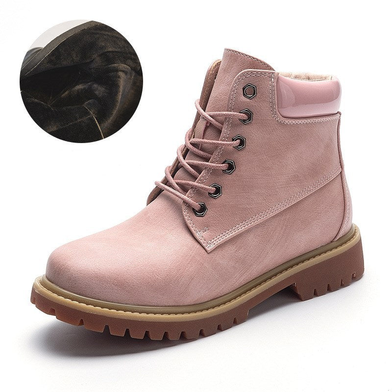 All-match Flat Thick-heeled British Style Pink Short Boots