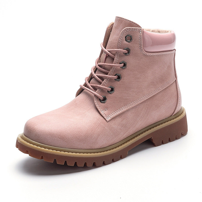 All-match Flat Thick-heeled British Style Pink Short Boots