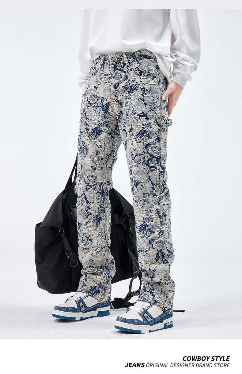 All-matching Loose Fashion Denim Jacquard Pants For Boys