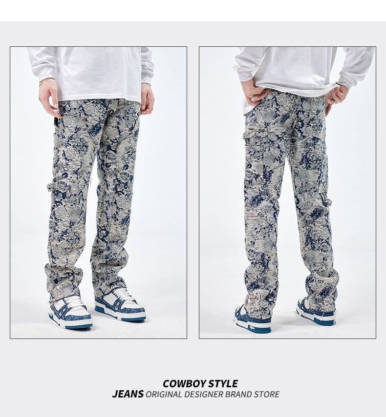 All-matching Loose Fashion Denim Jacquard Pants For Boys