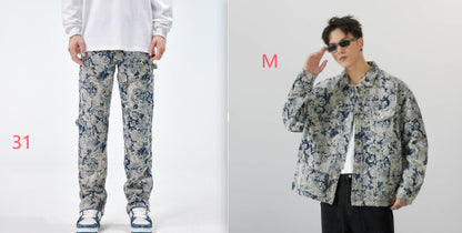 All-matching Loose Fashion Denim Jacquard Pants For Boys