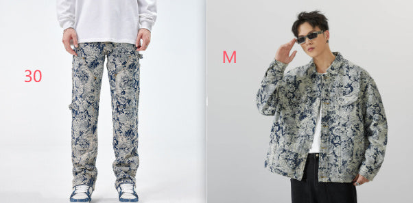 All-matching Loose Fashion Denim Jacquard Pants For Boys