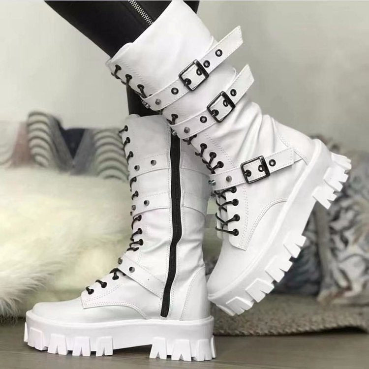 Buckle Lace-up Side Zip Punk Women's Mid Boots