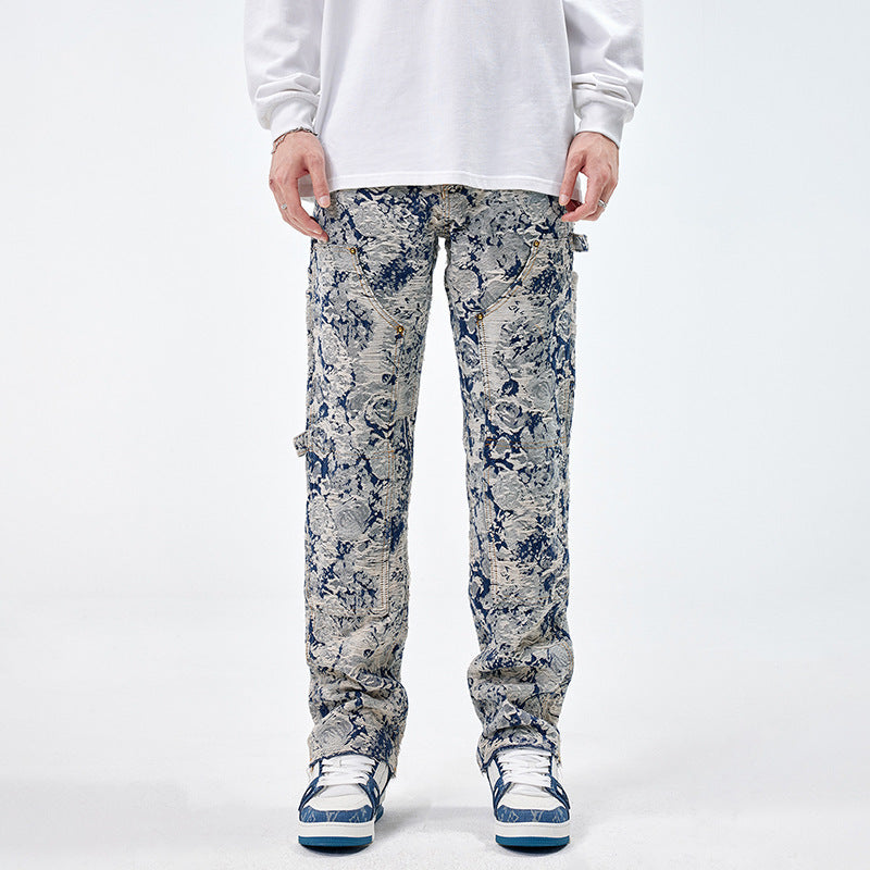 All-matching Loose Fashion Denim Jacquard Pants For Boys