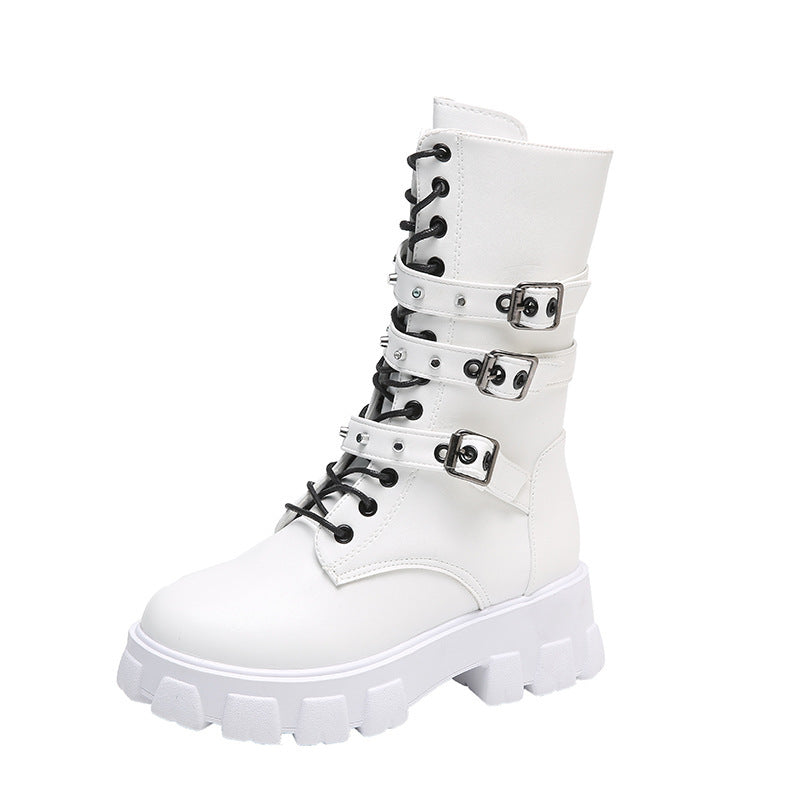 Buckle Lace-up Side Zip Punk Women's Mid Boots